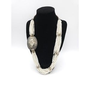 Vtg White Multistrand Seed Bead & Silver Tone Metal Accent Asymmetrical Necklace